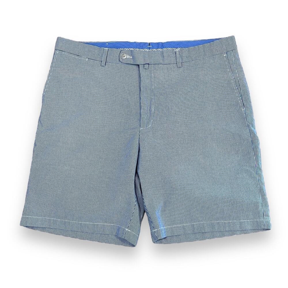 Peter Millar Blue Pinstripe Chino Shorts 38 Cotton 9" Golf Coastal Old Money